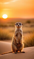A solitary meerkat posing elegantly in a sunlit desert landscape, with soft golden hues and a breathtaking horizon at sunset