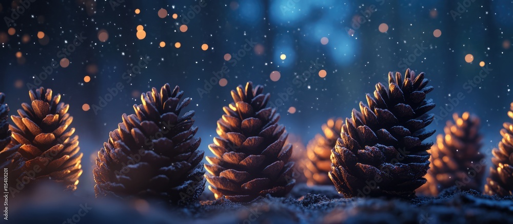 Poster illuminated pine cones in snowy woodland setting creating magical new year ambiance with selective f