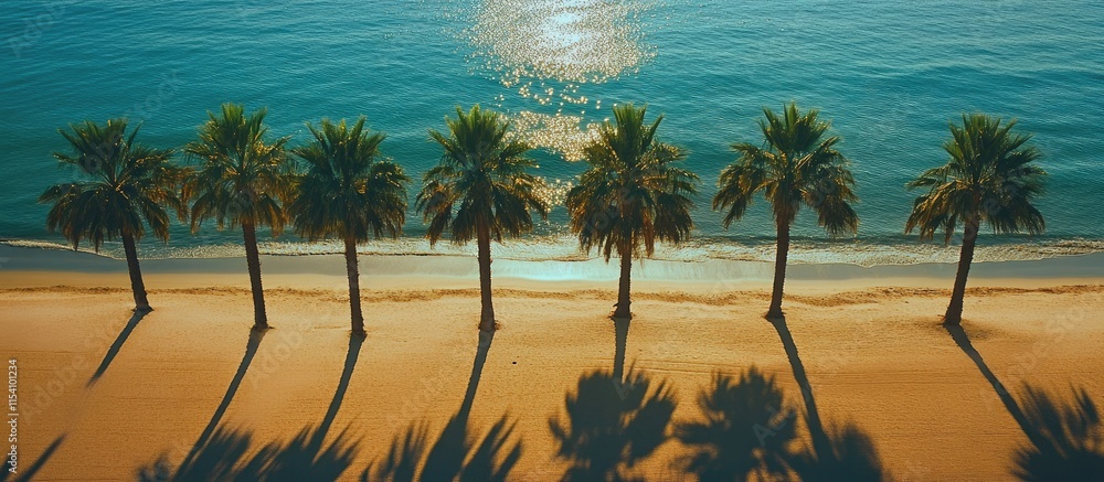 Poster palm trees lining a beautiful shoreline with reflections on the water and long shadows at sunset