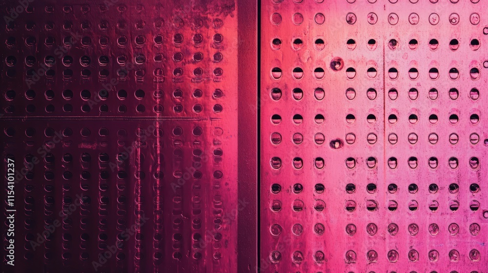 Poster vibrant pink and red metallic surface textures with perforated patterns for modern design background