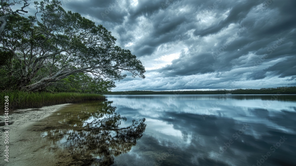 Poster moody overcast sky reflecting on calm waters with lush greenery along the shore in a serene natural 