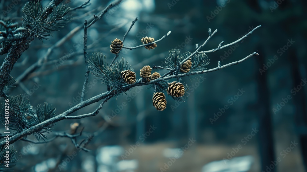 Poster pine branch with developing cones in a blurred forest background showcasing nature's detail and tran