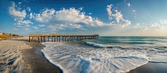 Scenic panorama of a wooden pier extending into calm waters with waves lapping on a sandy beach...