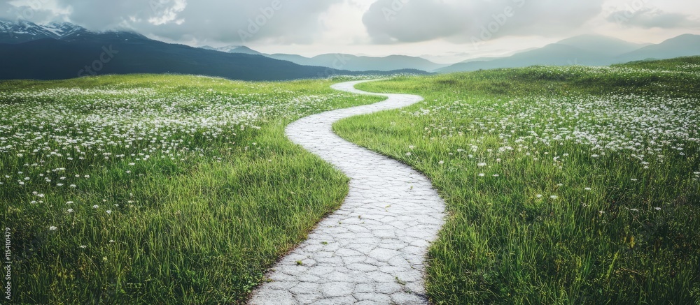 Poster scenic winding pathway through lush green fields under a cloudy sky inviting exploration and tranqui