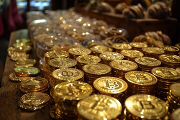 Bitcoins spread across full image, close up crypto currency heaped in a pile background