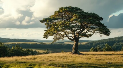 Majestic solitary pine tree overlooking a vast green landscape under a dramatic sky during golden hour