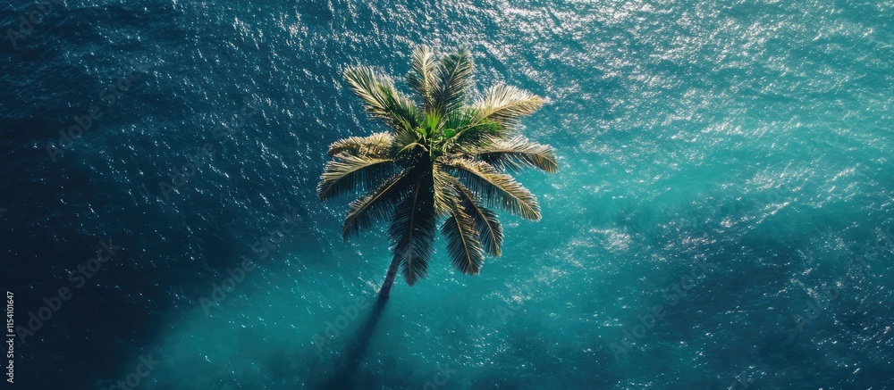 Poster aerial view of a solitary palm tree casting a shadow over the tranquil blue ocean waters creating a 