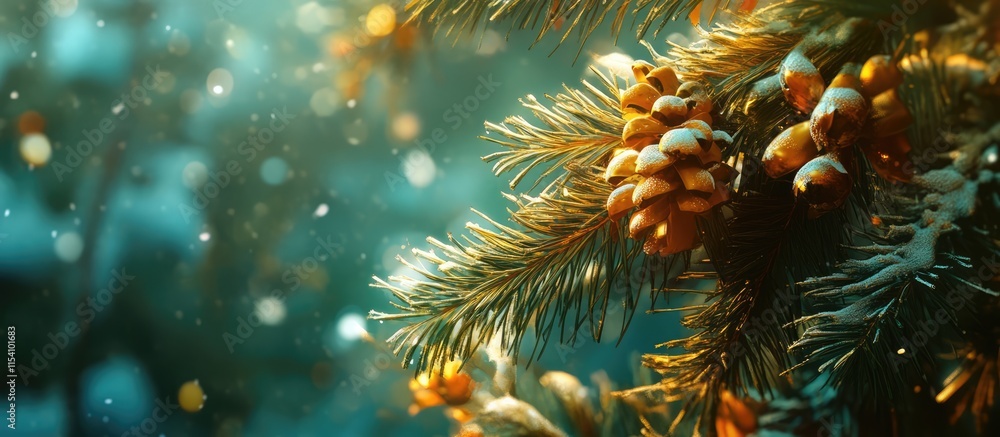 Poster spruce branch with snow and pine cones in winter wonderland scene