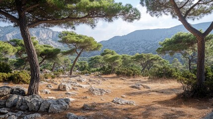 Fototapeta premium Pine Forest Landscape with Dry Branches and Stones Surrounded by Lush Greenery and Mountains in the Background