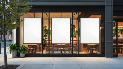 Poster promotion design mockup. Vertical empty white blank paper advertising banner frame template mock up displayed on the front of cafe bar restaurant or coffee shop window glass