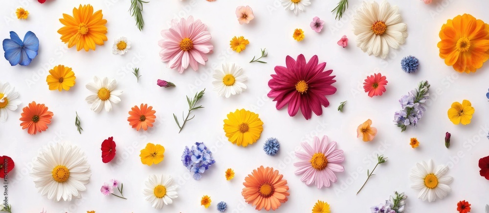 Poster floral pattern design on a white background featuring a variety of colorful flowers for creative pro