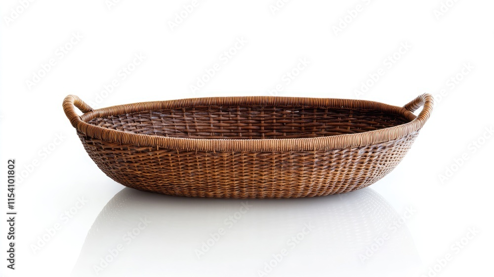 Aufkleber Oval wicker basket with handle showcasing craftsmanship isolated on white background with subtle reflection ideal for home decor or storage.