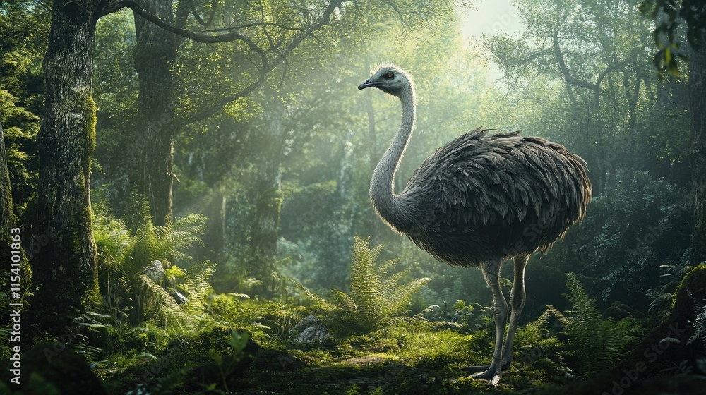 Poster Ostrich standing gracefully in a lush forest surrounded by vibrant greenery and soft sunlight filtering through the trees.