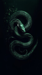 Obraz premium Green snake on a dark background, wallpaper