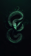 Fototapeta premium Green snake on a dark background, wallpaper