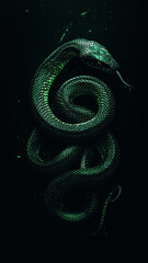 Fototapeta premium Green snake on a dark background, wallpaper