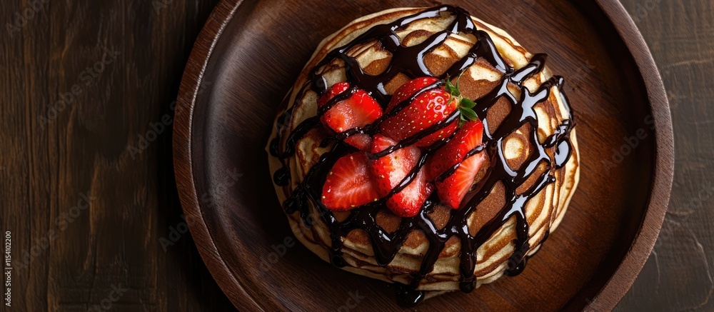 Poster delicious stack of pancakes topped with fresh strawberries and rich chocolate syrup presented on a r