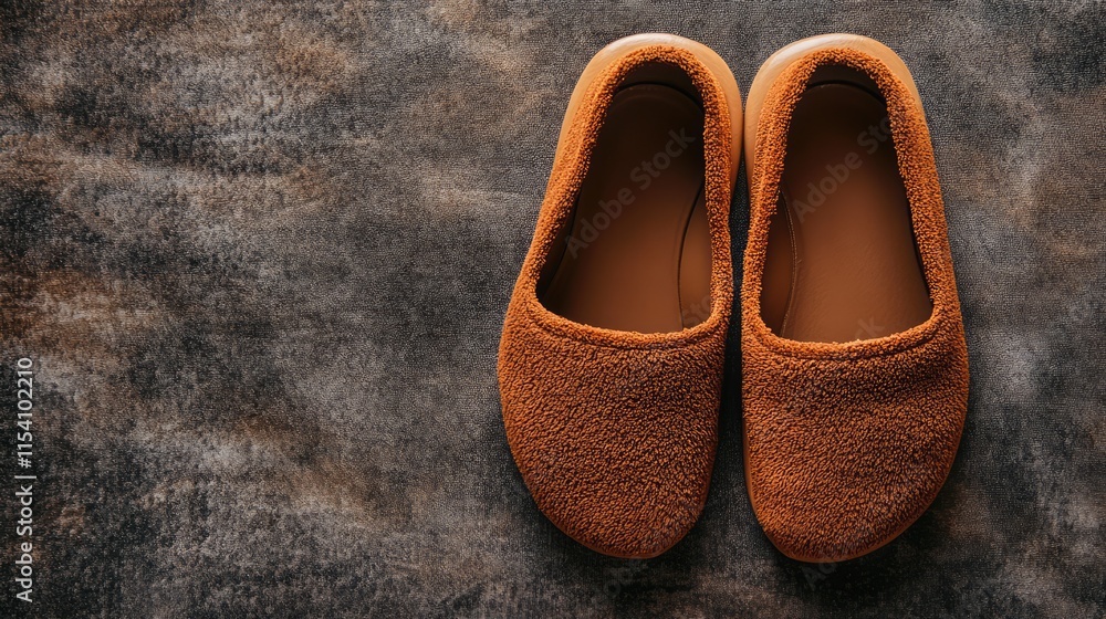 Poster cozy brown slippers on textured background with ample space for personalized text or branding. ideal
