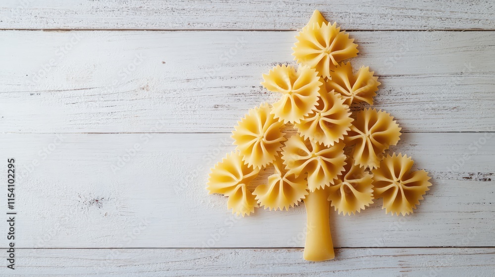 Poster pine tree shape created with uncooked pasta on a rustic white wooden table background