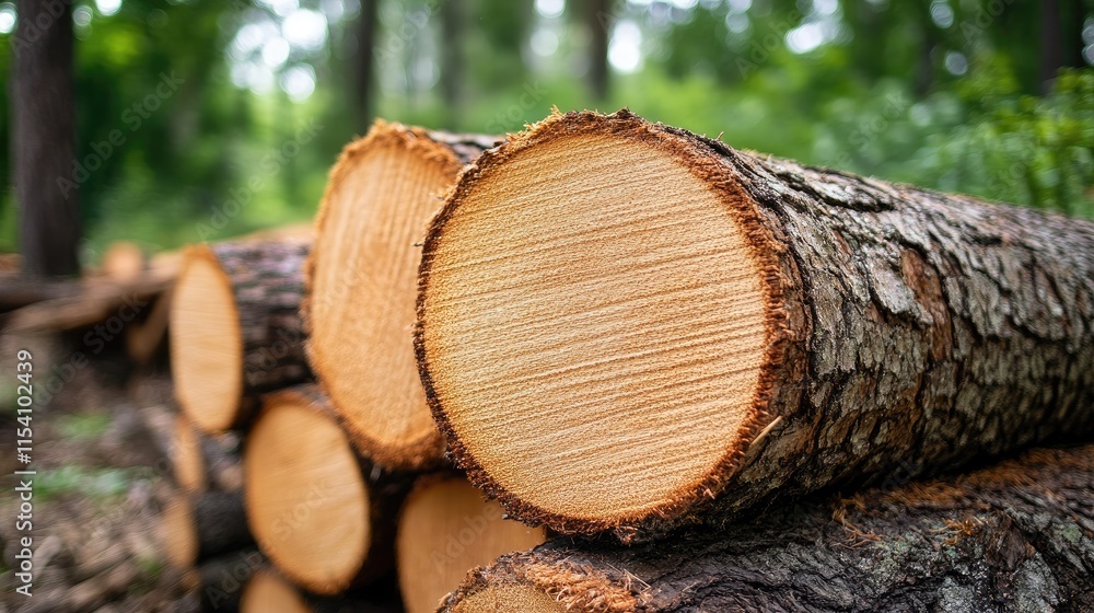 Poster pine tree trunk logs stacked in a forest with selective focus showcasing natural wood texture and gr