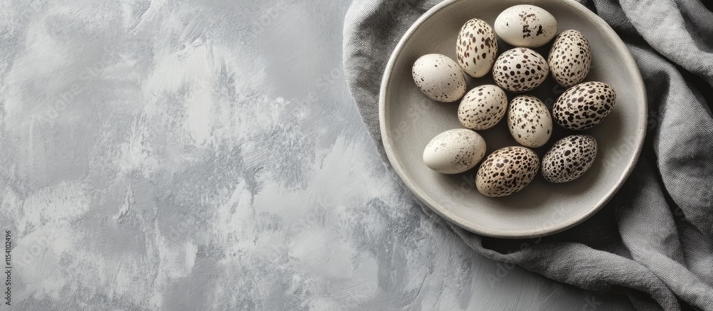 Poster Quail eggs arranged on a ceramic plate atop a gray fabric with space for text on a textured concrete background
