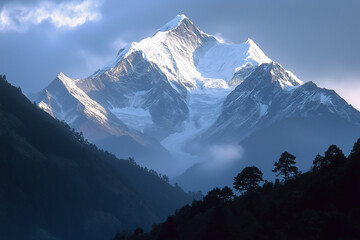 The distant mountains undulate with green trees on them. A crescent moon hangs in the clear night sky