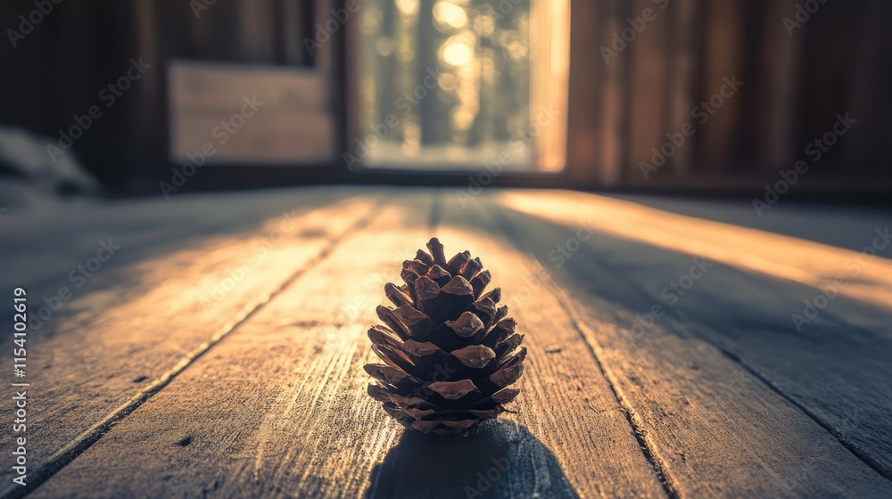 Poster lonely pine cone on rustic wooden floor with soft sunlight creating a serene atmosphere in a forest 