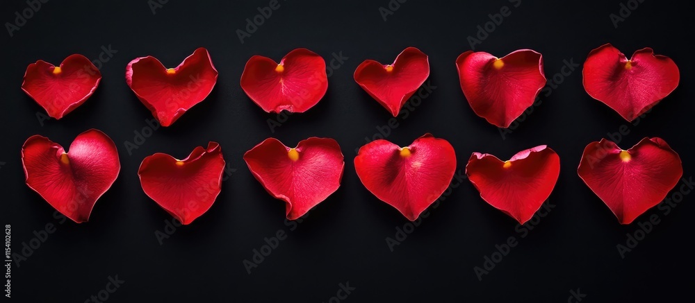 Poster red heart shapes arranged from rose petals on a black background ideal for greeting card designs and