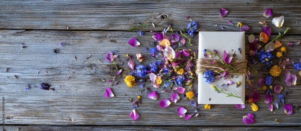 Poster greeting card and envelope with wildflowers and gift box on rustic wooden background adorned with sc