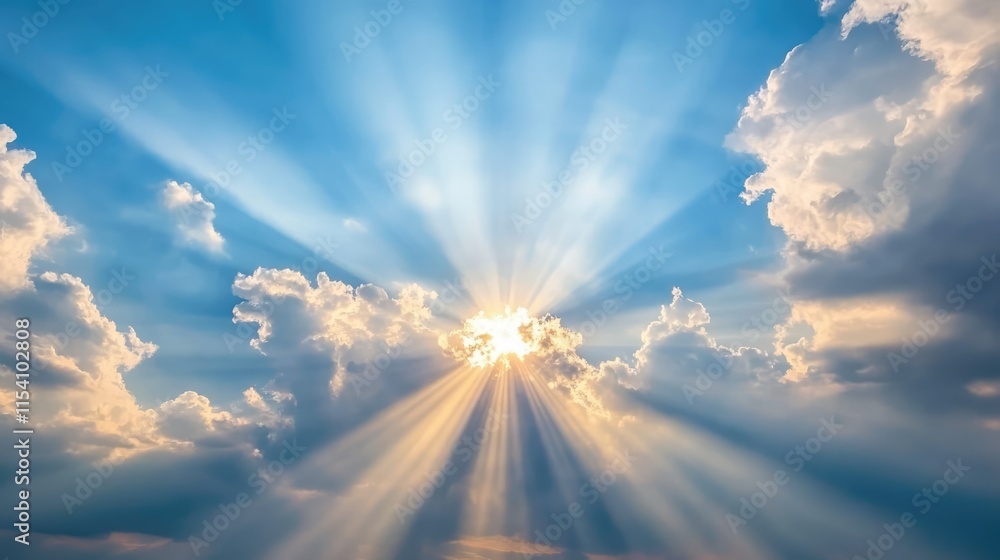 Aufkleber Dramatic sunlight breaking through overcast clouds creating a stunning sky with rays of light and vibrant blue tones.