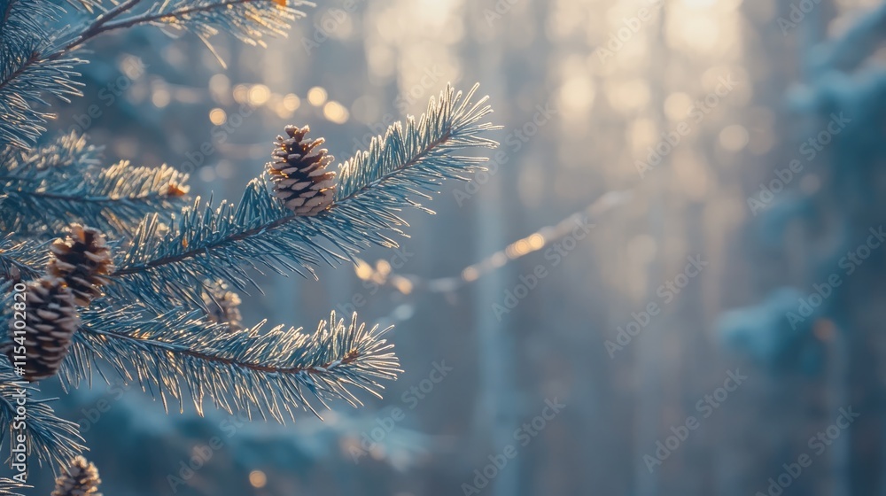 Poster Pine branch with young cones in a misty forest creating a serene and tranquil atmosphere with soft bokeh effects in the background