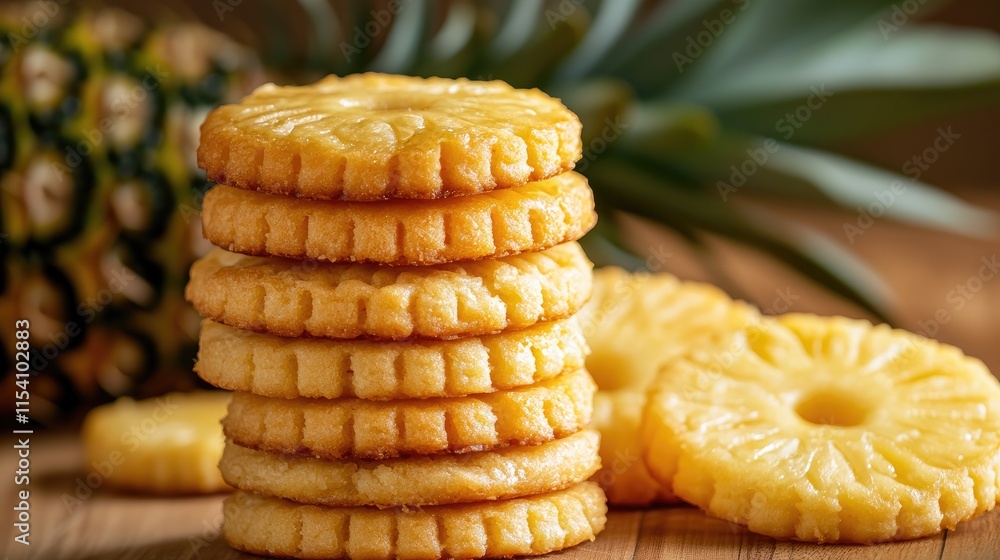 Poster pineapple flavored biscuit stack with textured surface arranged on a wooden board with fresh pineapp