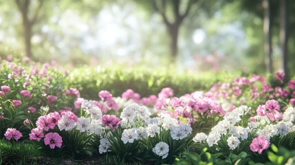 Fototapeta premium Vibrant pink and white dianthus flowers blooming in a serene park setting surrounded by lush greenery and soft natural light