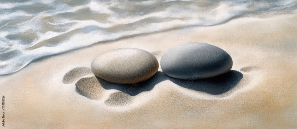 Poster Smooth pebbles on sandy beach shore with gentle waves creating a serene and tranquil coastal atmosphere for relaxation and nature themes.