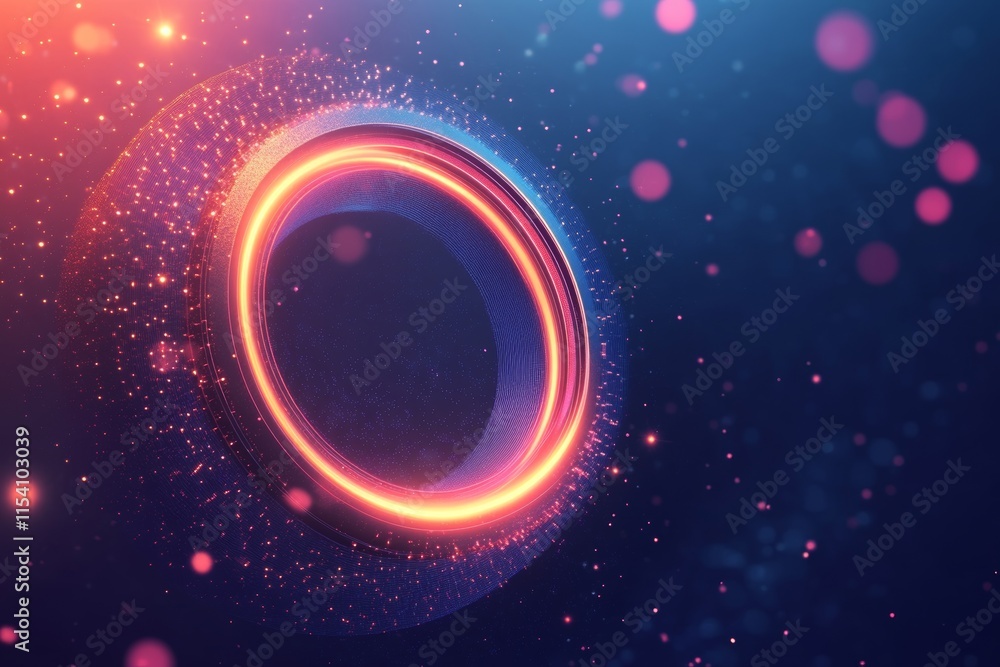 Poster bright glowing circle with sparkling particles and colorful lights in dark background creating a mes