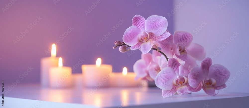 Poster delicate pale pink orchid on a white table with softly glowing scented candles and a serene purple b
