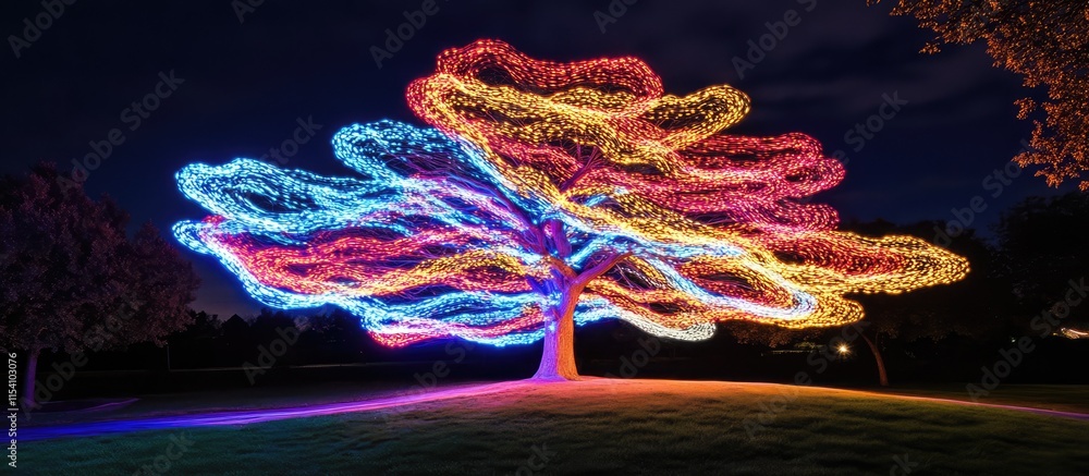 Poster vibrant light trails forming a colorful tree at night creating a magical and festive atmosphere in a