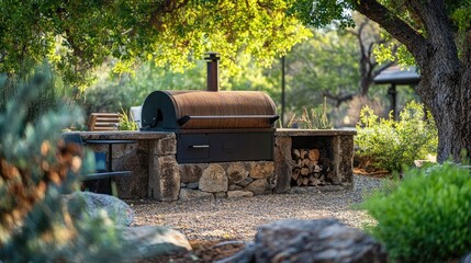 Rustic outdoor grill setup in a serene yard surrounded by greenery and trees ideal for summer barbecues and gatherings