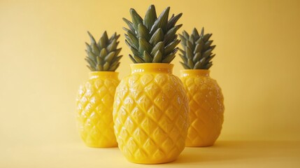 Tropical pineapple drinking containers displayed against a vibrant yellow background for summer party decor and beverage ideas