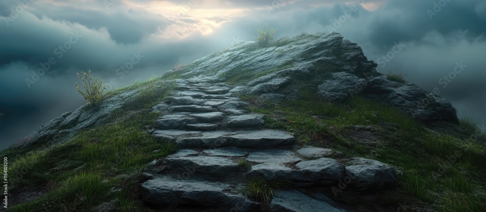 Aufkleber Serene pathway leading to a mountain summit surrounded by clouds and atmospheric lighting in a tranquil natural setting