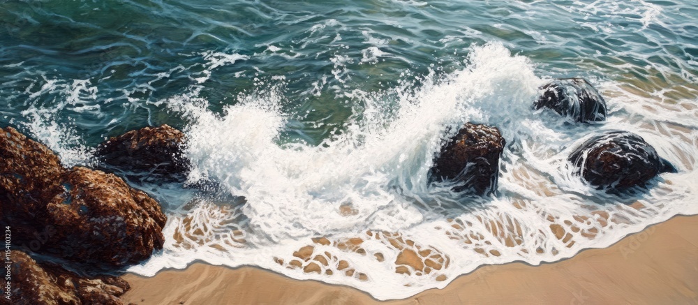 Poster Overhead view of ocean waves crashing on rocky beach creating white foam and ripples against sandy shoreline in natural coastal setting