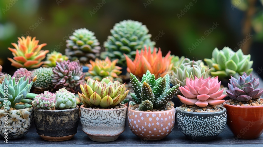 Poster colorful collection of ornamental succulent plants in decorative pots arranged in a row with soft na