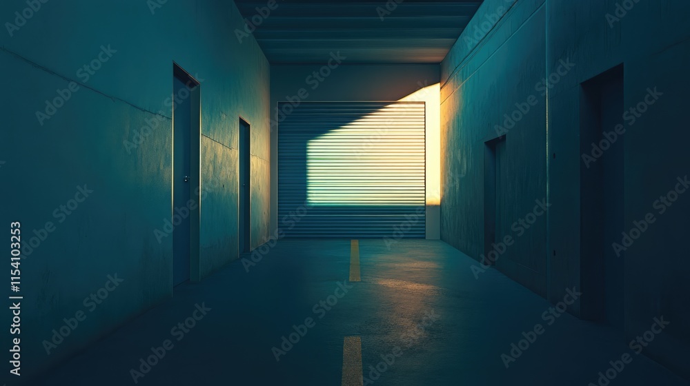 Poster serene storage facility hallway with sunlight casting shadows on empty walls and shuttered doors in 