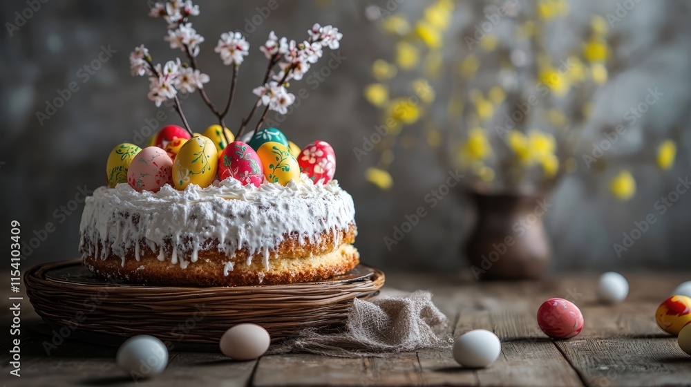 Aufkleber easter cake with colorful painted eggs and spring flowers on a rustic wooden table setting