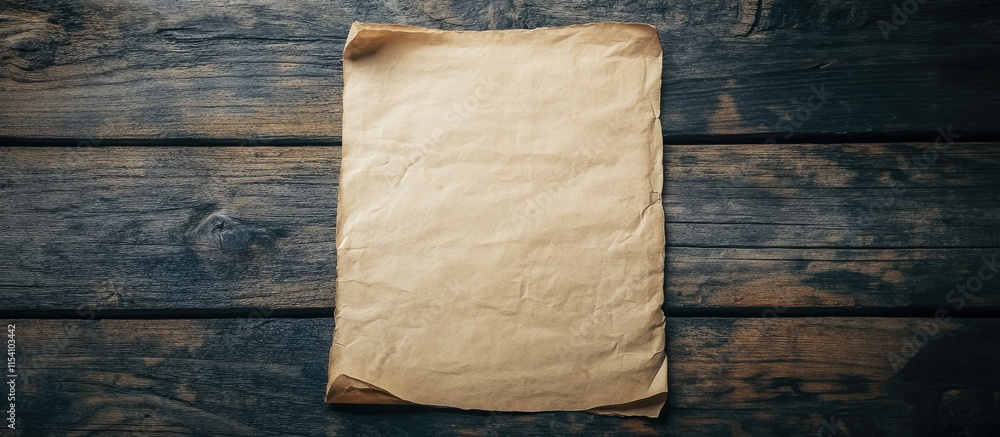 Poster note paper sheet with textured surface on rustic wooden background for creative projects and artisti