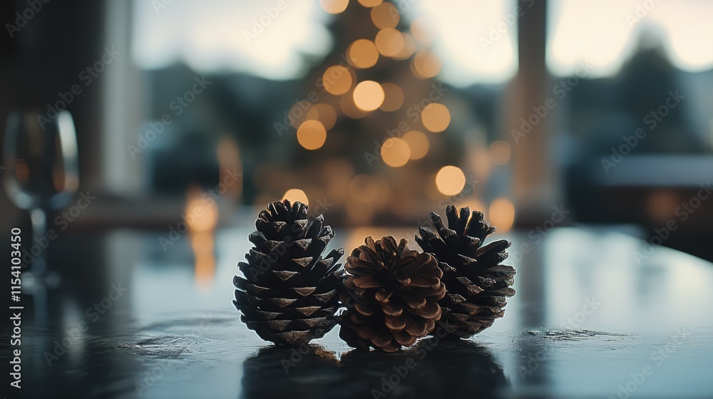 Poster cozy pine cones arranged on a table with a blurred festive background and warm bokeh lights creating