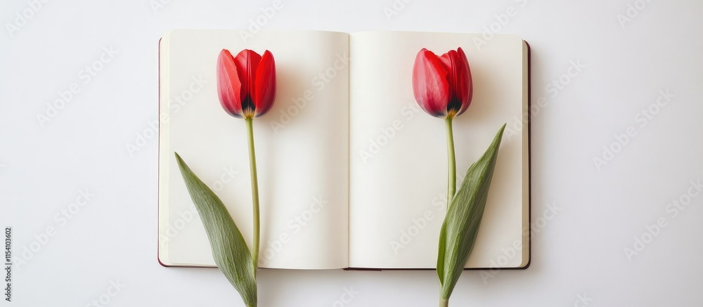 Aufkleber Red tulips resting on an open personal notebook against a white background creating a serene and elegant composition for personal reflection.