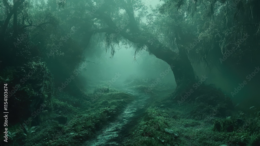 Aufkleber mysterious overgrown road winding through a dense green forest shrouded in fog creating an enchantin