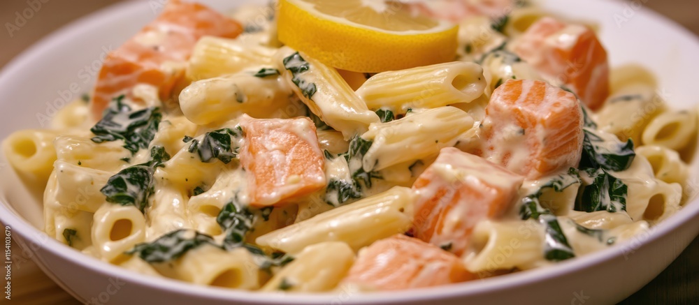 Poster pasta with smoked salmon and basil cream sauce garnished with lemon slice in a white bowl on a woode