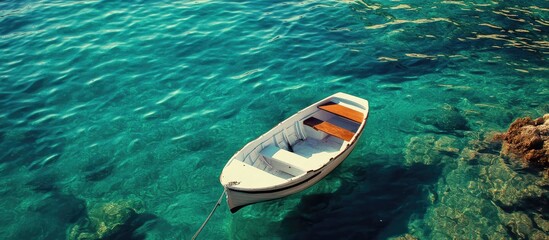 Obraz premium Tranquil Seascape with a Small Boat Moored in Crystal Clear Waters Ideal for Travel and Adventure Themes